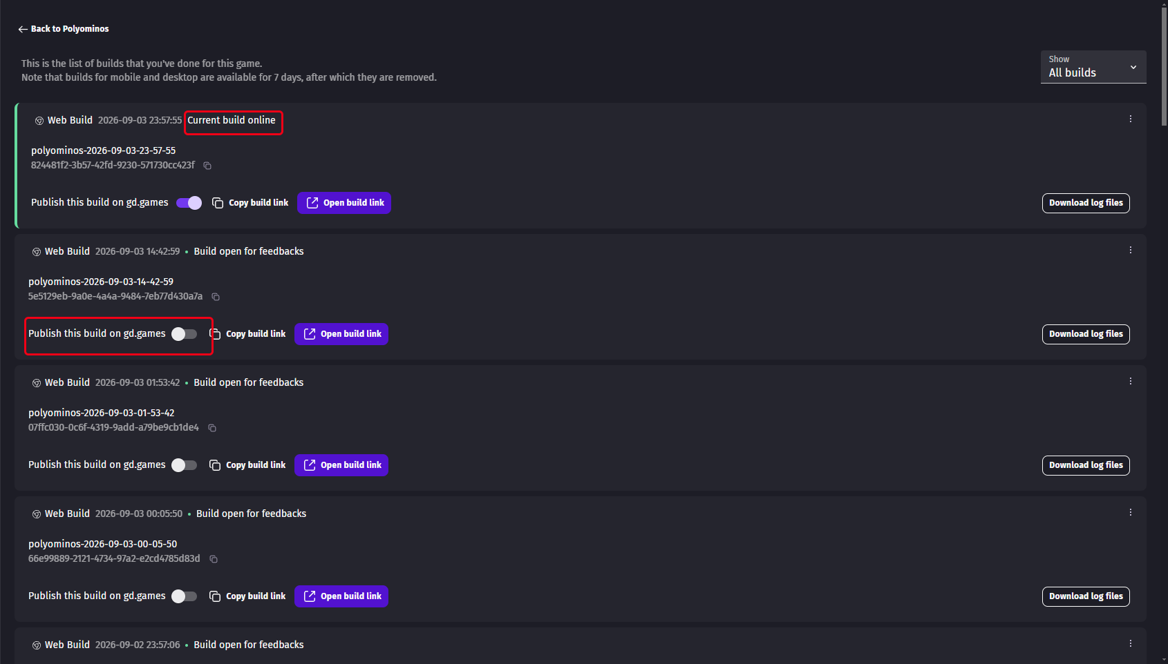 The list of the builds of a game, with the build currently online