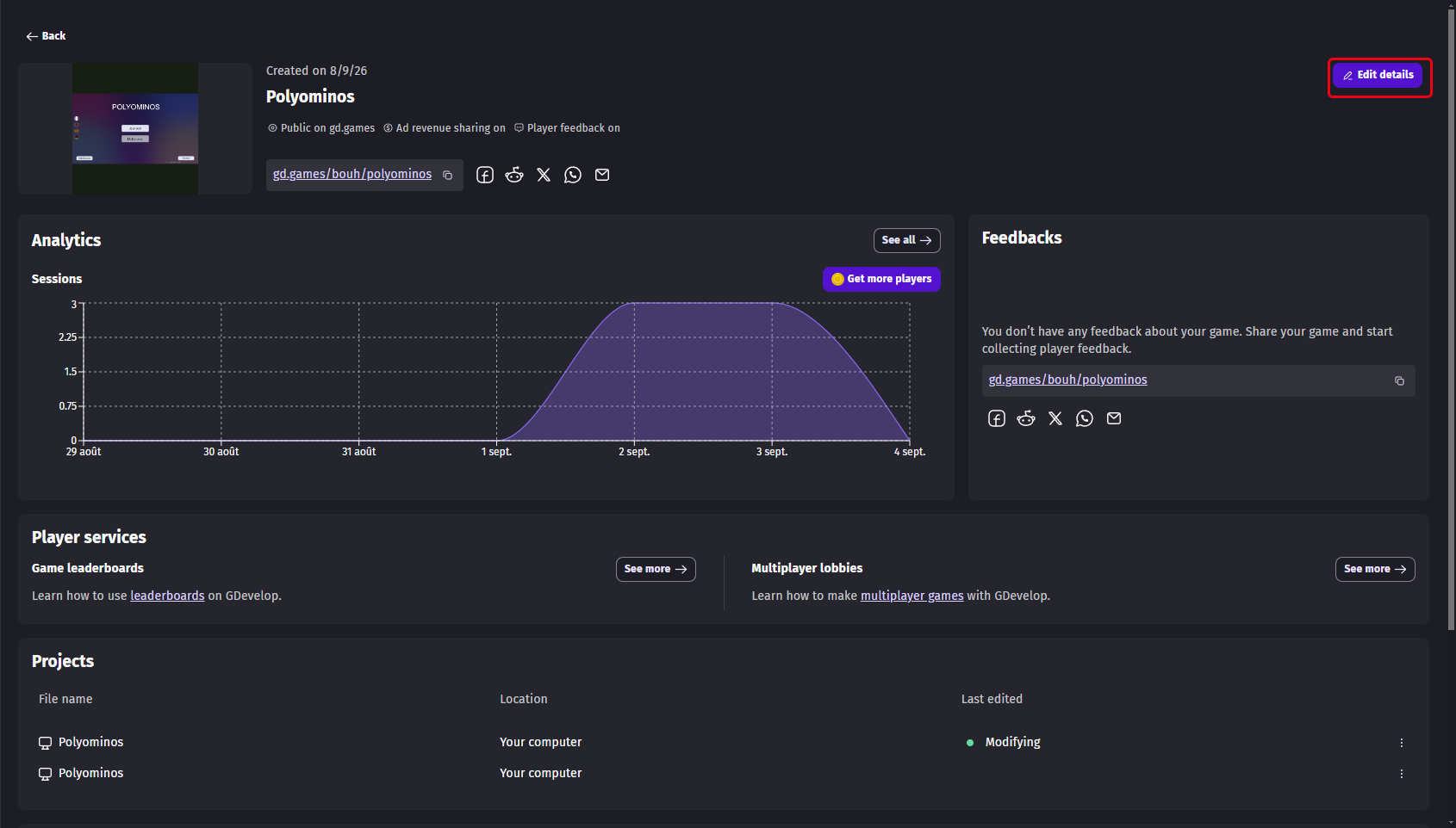 The dashboard of a game, with its link and its analytics