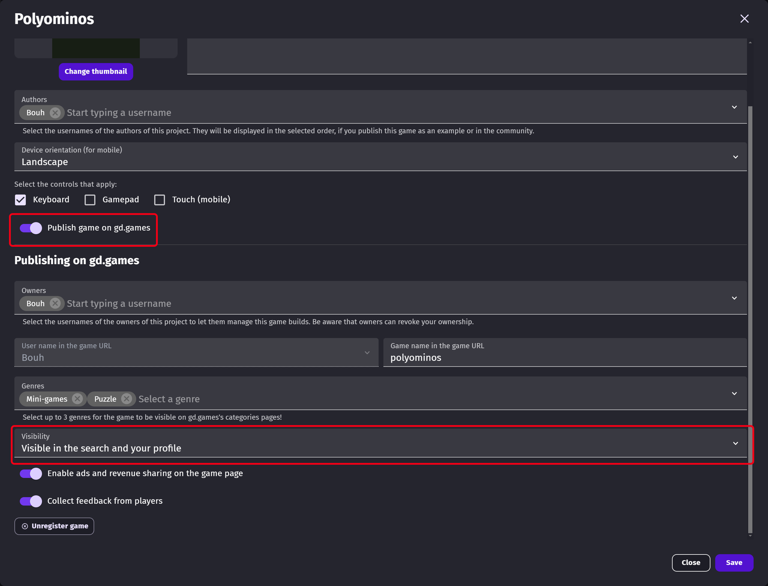 The publishing settings of a game, with the switch to publish it on gd.games