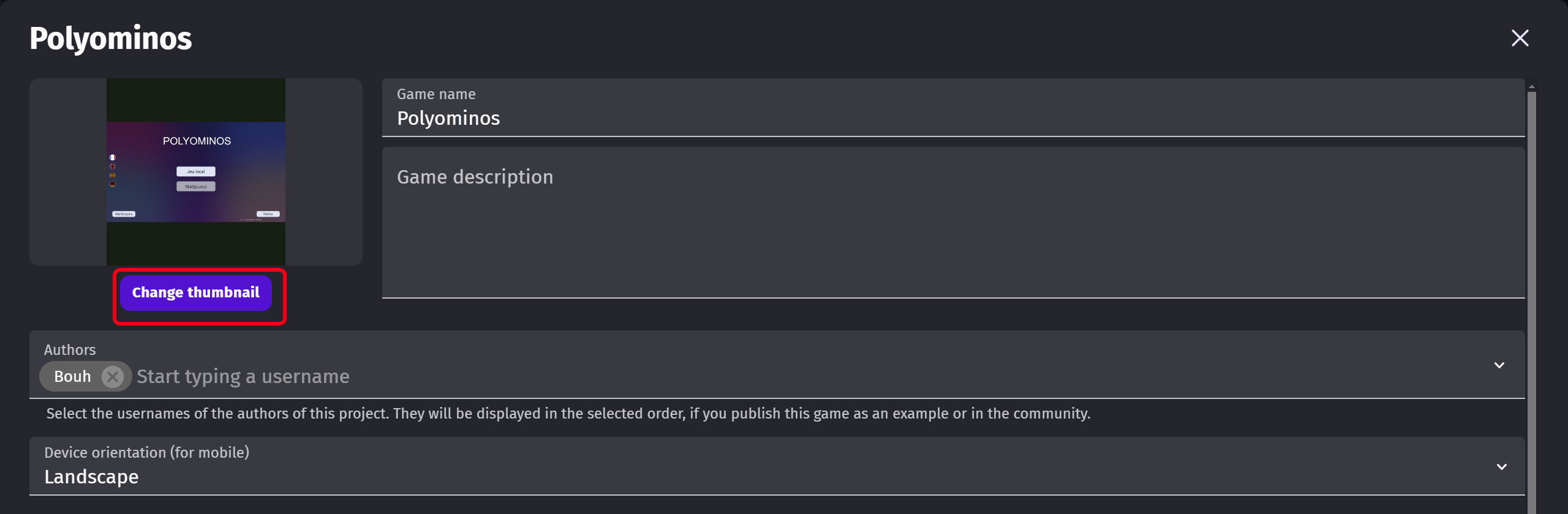 The game details, with the thumbnail of the game and the Change thumbnail button