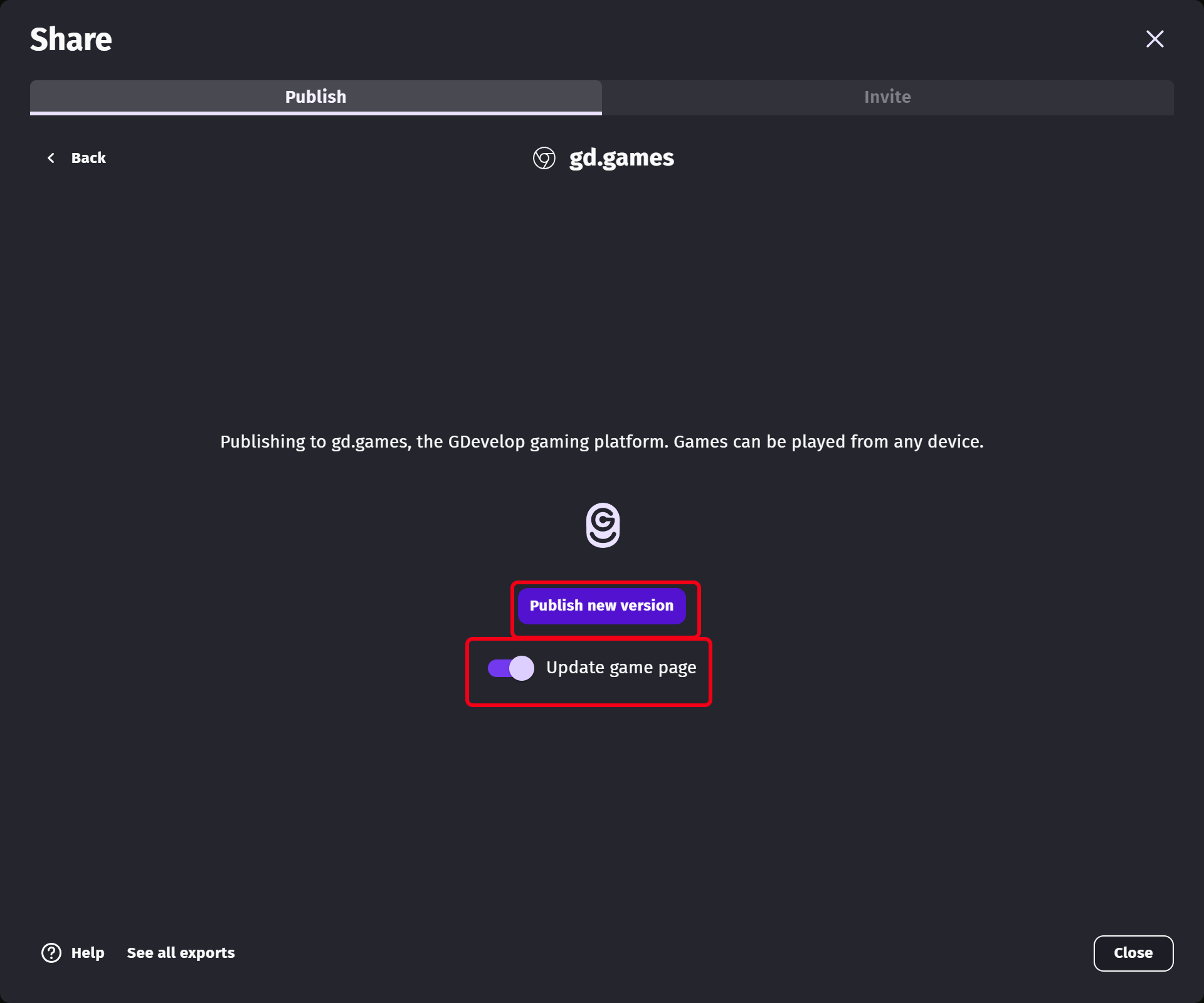 The gd.games export screen, with the Publish new version button