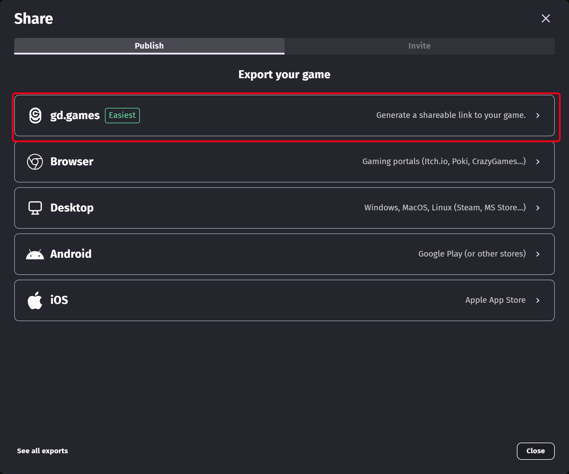The Share dialog, with gd.games at the top of the list of exports