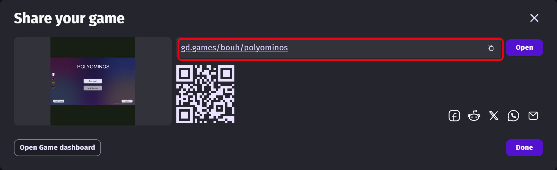 The link to the game, with a QR code and sharing buttons